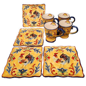 Maxera YELLOW TALAVERA Mexico Set of 4 Square Side Plates & 4 Mugs Hand Painted